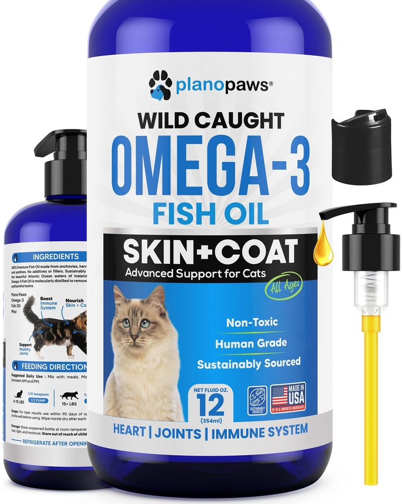 Omega 3 Fish Oil for Cats - bedre end lakseolie - Kitten & Kat Vitamin og Kosttilskud - Cat Dandruff Treatment - Flydende Fish Oil for Kæledyr - Shedding Support - Cat Health Supplies for All Age