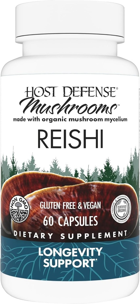 Host Defense Reishi Capsules - Heart & Immune Health Support Supplement - Mushroom Supplement to Support Energy & Vitality - Reishi Supplement to Aid Overall Well-Being - 60 Capsules (30 Servings)*