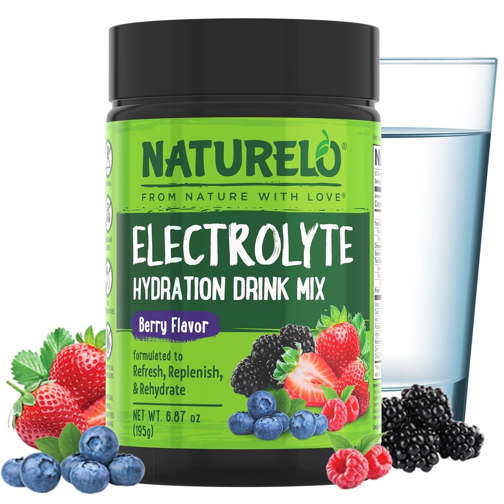 NATURELO Electrolyte Powder, Hydration og Mineral Drink Mix, Sugar Free & Non- GMO Berry Flavor 50 Servering