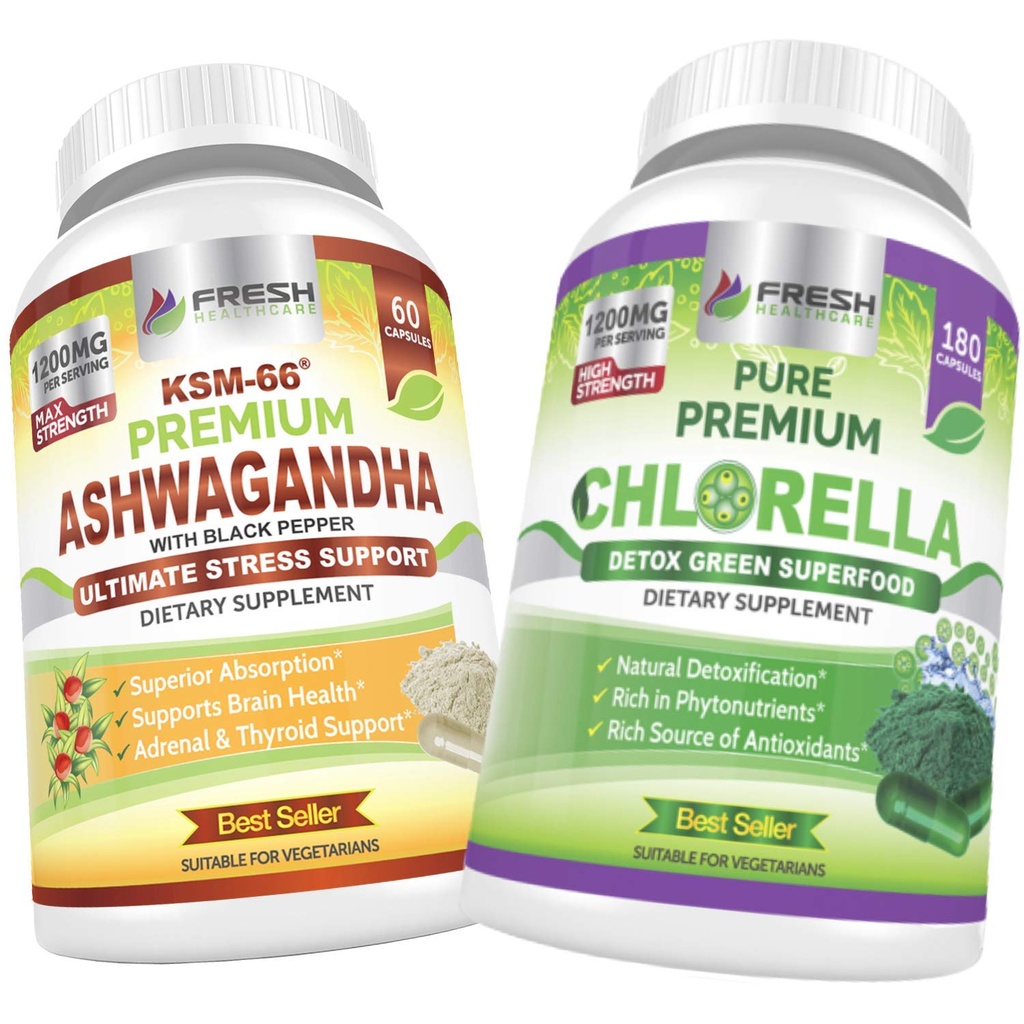 FRESH HEATHCARE Ashwagandha KSM 66 og Chlorella Detox Superfood - Bundle