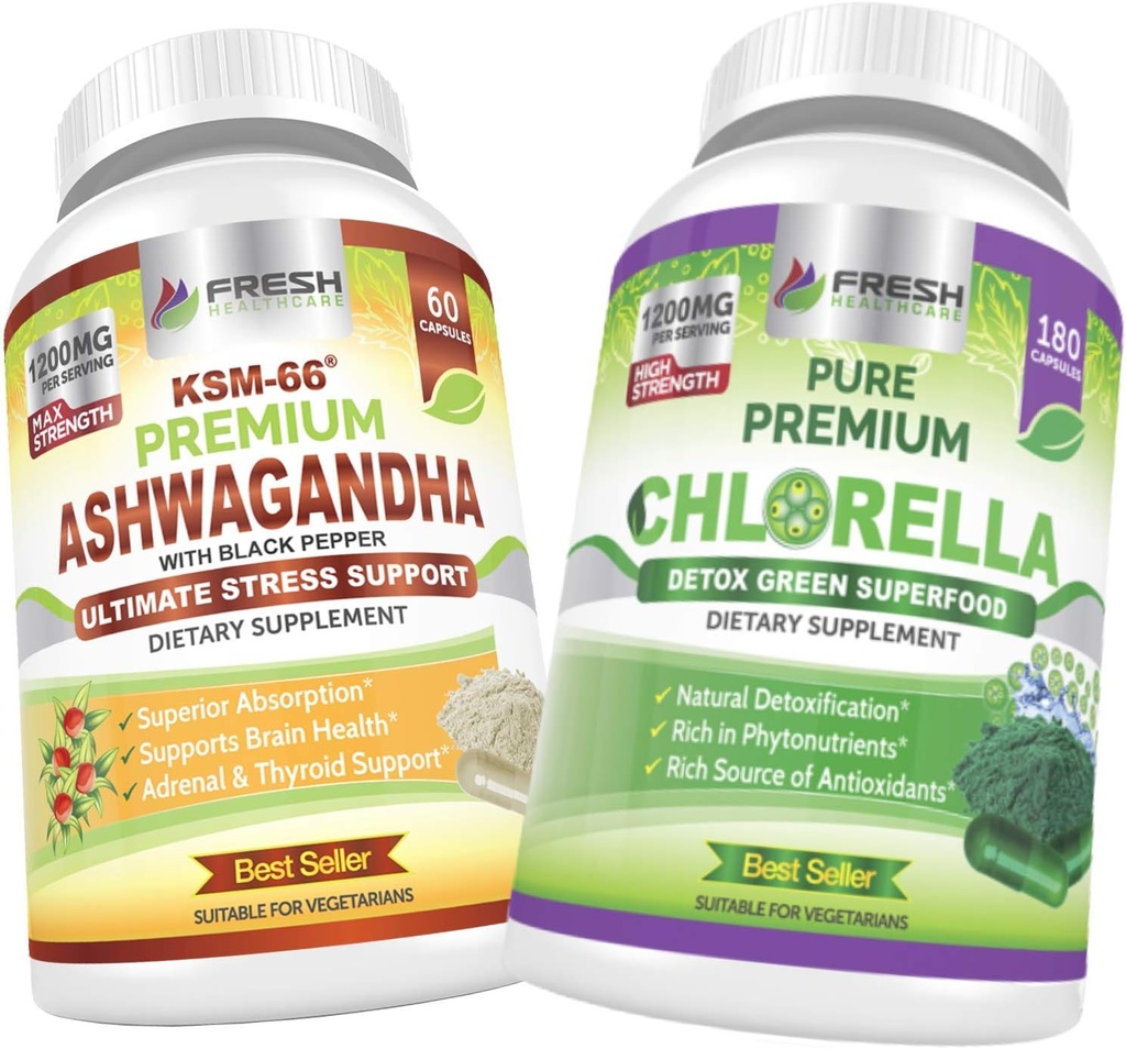 FRESH HEATHCARE Ashwagandha KSM 66 og Chlorella Detox Superfood - Bundle