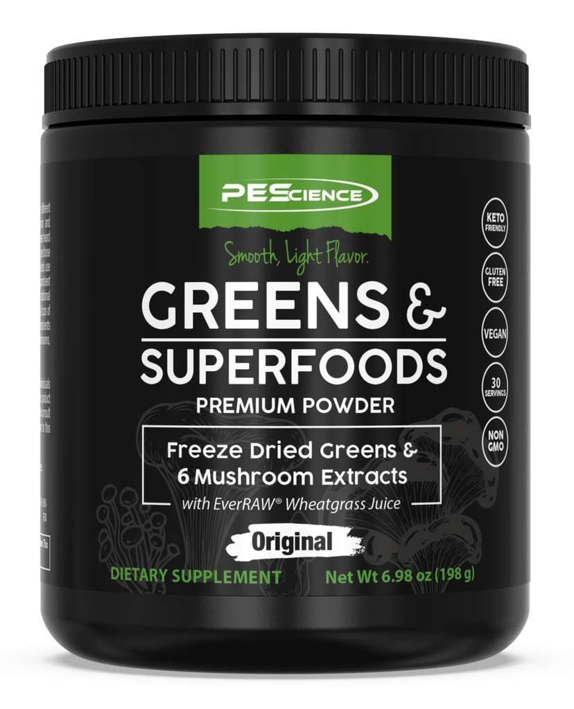 PEScience Green Powder Superfood med Natural Chlorophyll, Reishi & Turkey Tail Mushroom Powders, Freeze- Tørret Kale, Spinat, Broccoli spirer, Original Flavor, 30 Servere