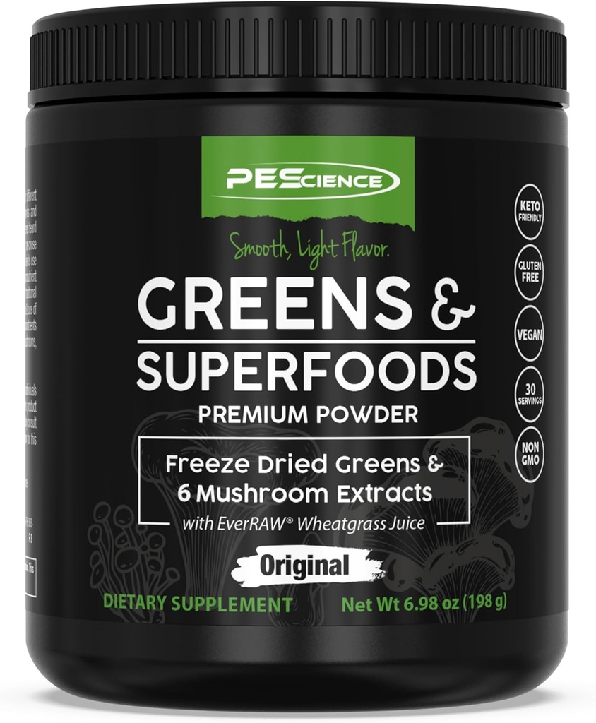 PEScience Green Powder Superfood med Natural Chlorophyll, Reishi & Turkey Tail Mushroom Powders, Freeze- Tørret Kale, Spinat, Broccoli spirer, Original Flavor, 30 Servere