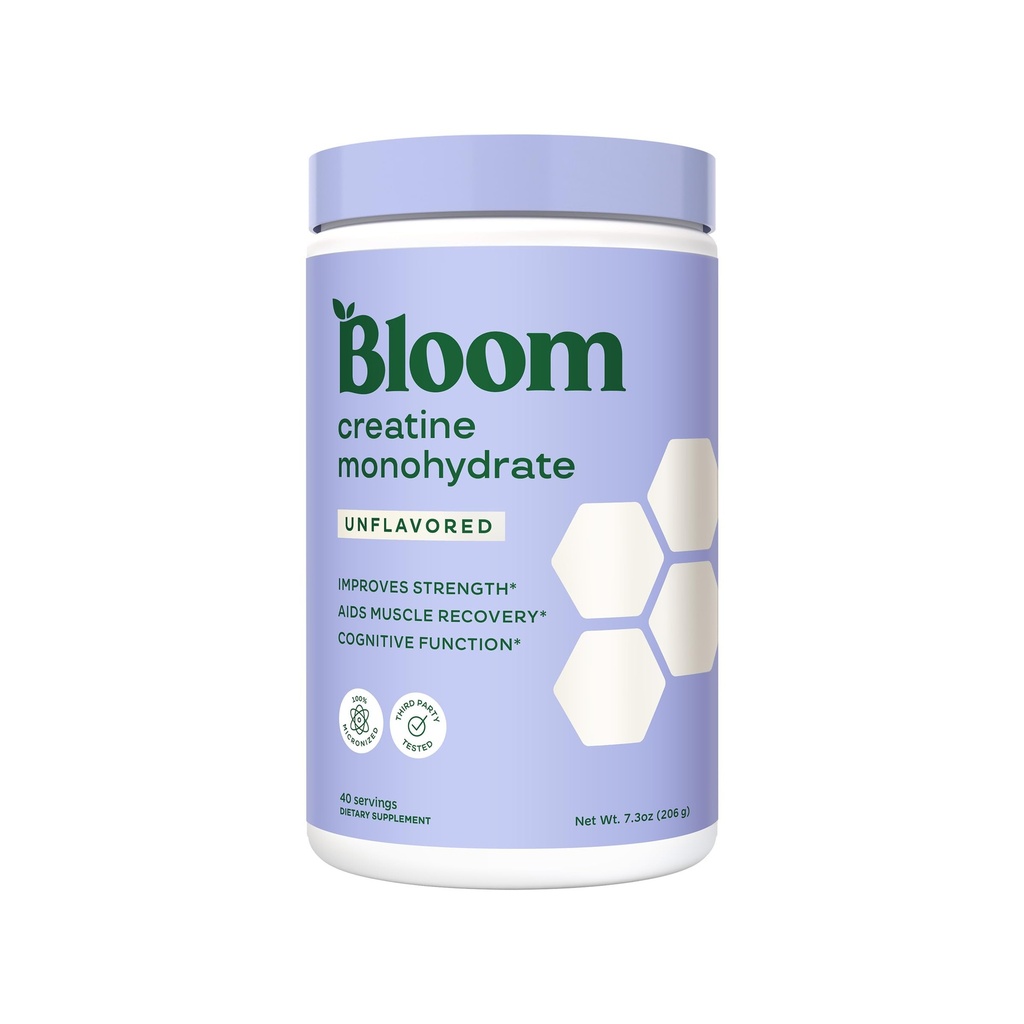 Bloom Nutrition Creatin Monohydrat Pulver, 5g Mikroniseret Creatin per servering, Understøtter Muscle Recovery, Styrke, Endurance, Pre or Post Workout, Gluten Free, Non GMO, Unflavored, 40 SVG, 7,3 oz