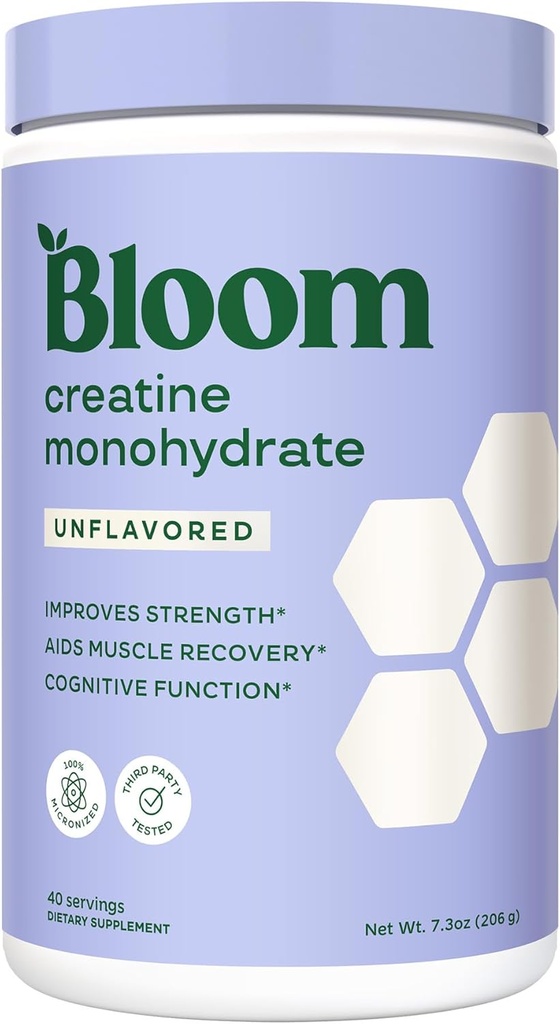 Bloom Nutrition Creatin Monohydrat Pulver, 5g Mikroniseret Creatin per servering, Understøtter Muscle Recovery, Styrke, Endurance, Pre or Post Workout, Gluten Free, Non GMO, Unflavored, 40 SVG, 7,3 oz
