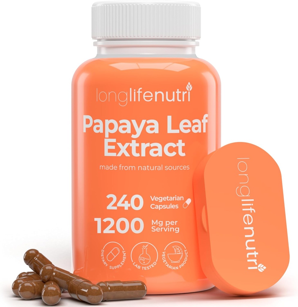 LongLifeNutri Papaya Leaf Extract Supplement 1.200mg per servering - 240 Vegetariske Kapsler, 4 - Måned Supply, fra Carica Papaya for Daily Wellness, GMP Certified, Made in USA