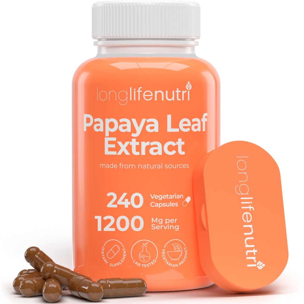 LongLifeNutri Papaya Leaf Extract Supplement 1.200mg per servering - 240 Vegetariske Kapsler, 4 - Måned Supply, fra Carica Papaya for Daily Wellness, GMP Certified, Made in USA