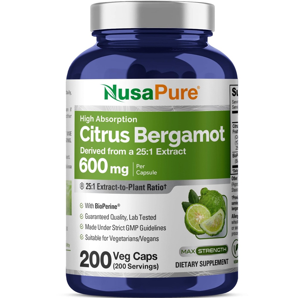 NusaPure Citrus Bergamot Kapsler 15,000mg, 200 Kapsler - 25: 1 Bergamot Extract - 200 Servere, Bioperine, Vegan, Non- GMO