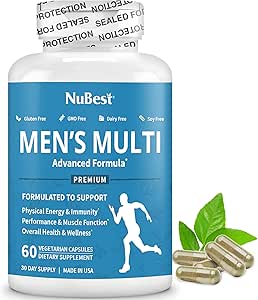 Multivitamin til mænd med 38 Key Nutrients, B Complex, D3, A, C, Zink, Magnesium, Calcium, Asian Ginseng, Ashwagandha, Gurkemeje til knogler, Muskel, Immunitet, 124; 60 Vegankapsler 124; 1 Måned Supply