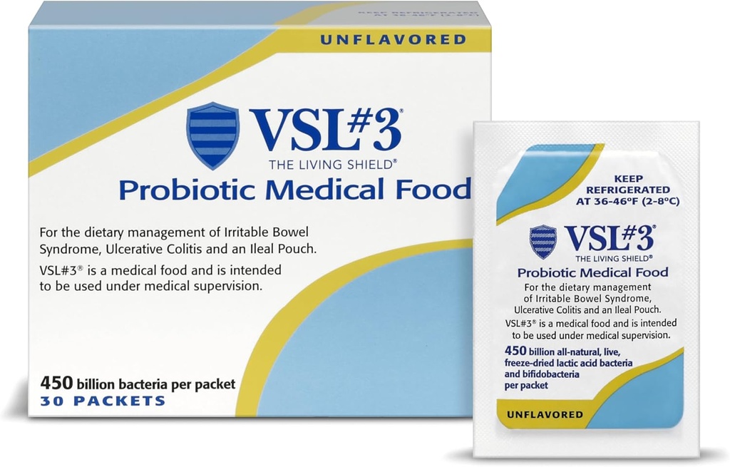 VSL # 3 ® Probiotisk pulver til fordøjelse, IBS & UC Symptomer - 450B CFU 'er, High- Potency, Multi- Strain, Live, Kølemiddel Probiotisk, Medicinsk mad til Gut Health Support hos mænd og kvinder, 30 Pack