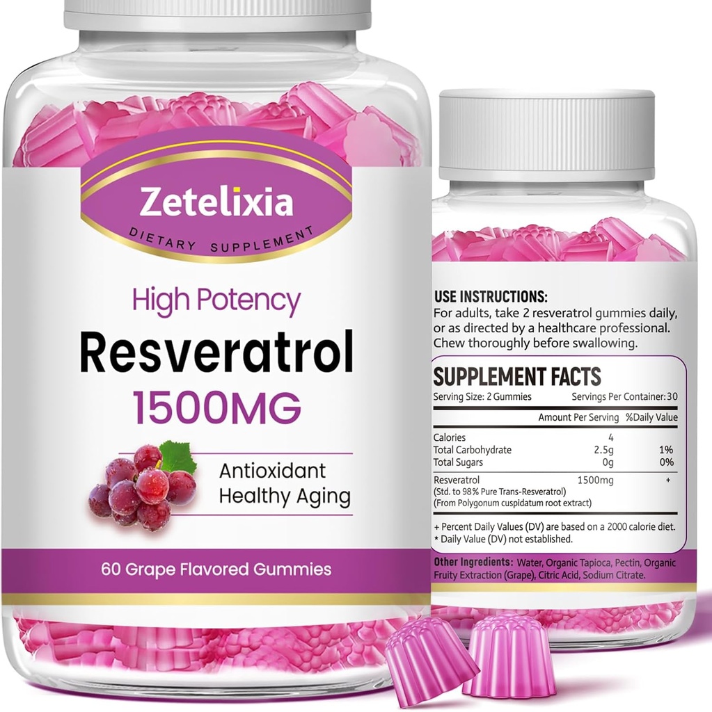 Sugar Free Resveratrol Gummies - High Renhed Resveratrol supplement til antioxidant, sund aldring, hud, hjerne, organisk - 120 Gummies