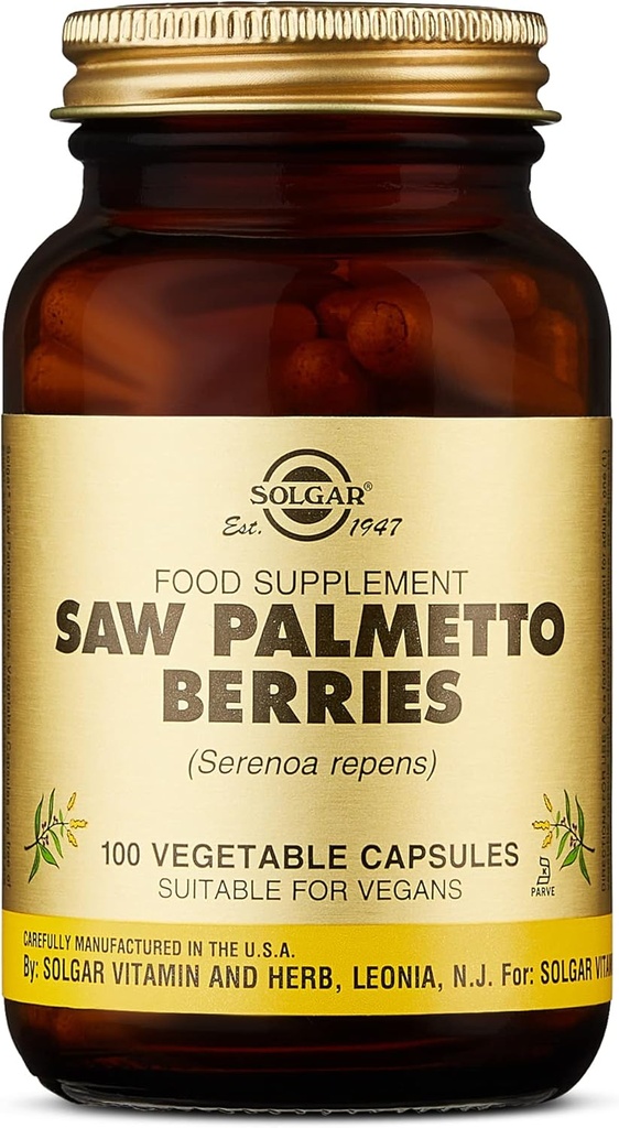 Solgar Saw Palmetto Berries, 100 Vegetabilske kapsler - Mænd sundhed - Fuld potens - Non-GMO, Vegan, Gluten Free, Dairy Free, Kosher - 100 Servere