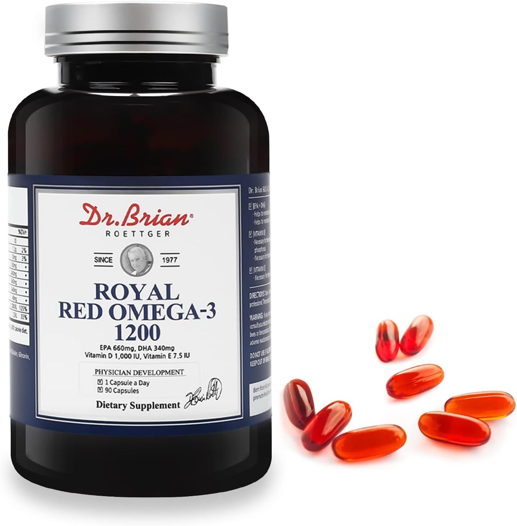 Dr. Brian Royal Red Omega 3 1200, Fish Oil Supplement med EPA og DHA Omega3 Fish Oil Contain Vitamin D, E Omega-3 Støtte til fysisk sundhed - 90 Soft Gels