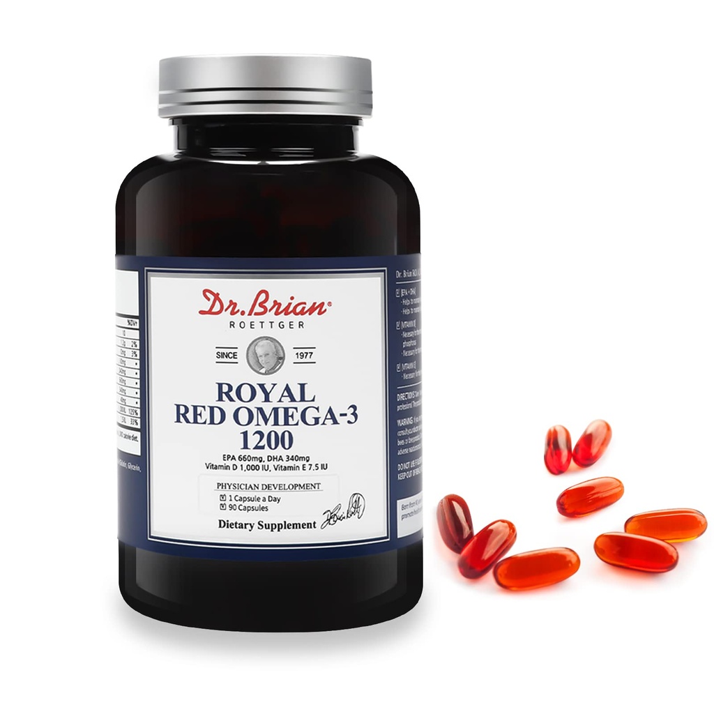 Dr. Brian Royal Red Omega 3 1200, Fish Oil Supplement med EPA og DHA Omega3 Fish Oil Contain Vitamin D, E Omega-3 Støtte til fysisk sundhed - 90 Soft Gels