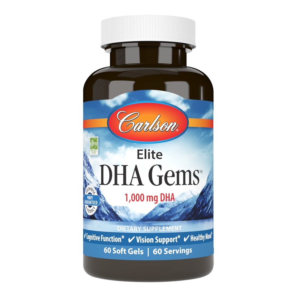 Carlson - Elite DHA Gems, 1000 mg DHA, Wild Catht, Sustainable Sourced, Brain Function & Sund Vision, 60 Softgels