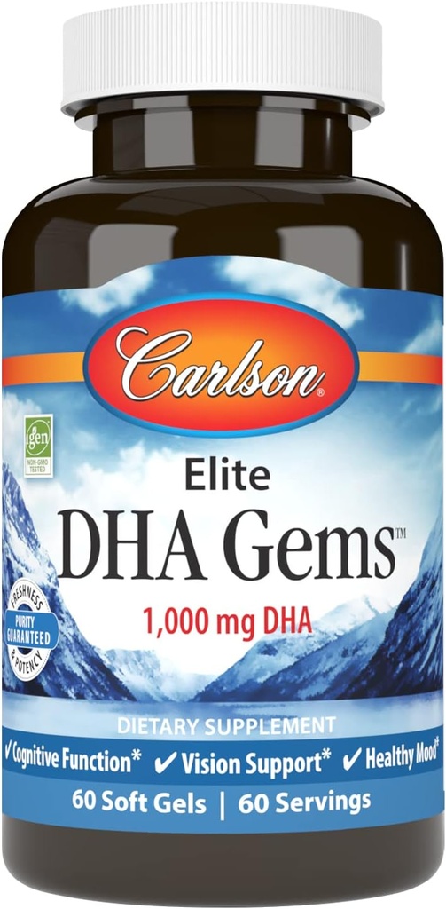 Carlson - Elite DHA Gems, 1000 mg DHA, Wild Catht, Sustainable Sourced, Brain Function & Sund Vision, 60 Softgels