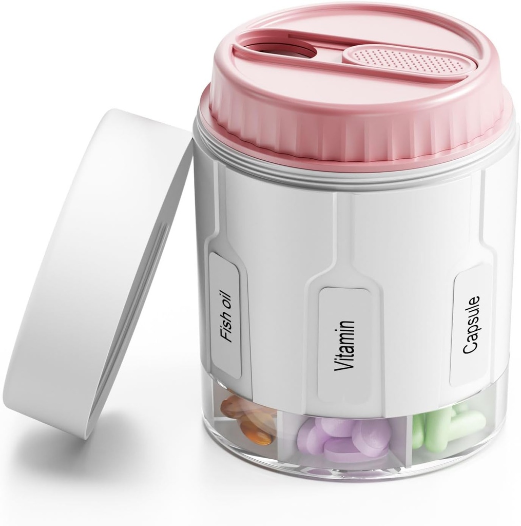Daviky Pill flaske Organizer, supplement Organizer med 7 store kompartmenter, Travel Pill Dispenser Round Pill Box med to låg