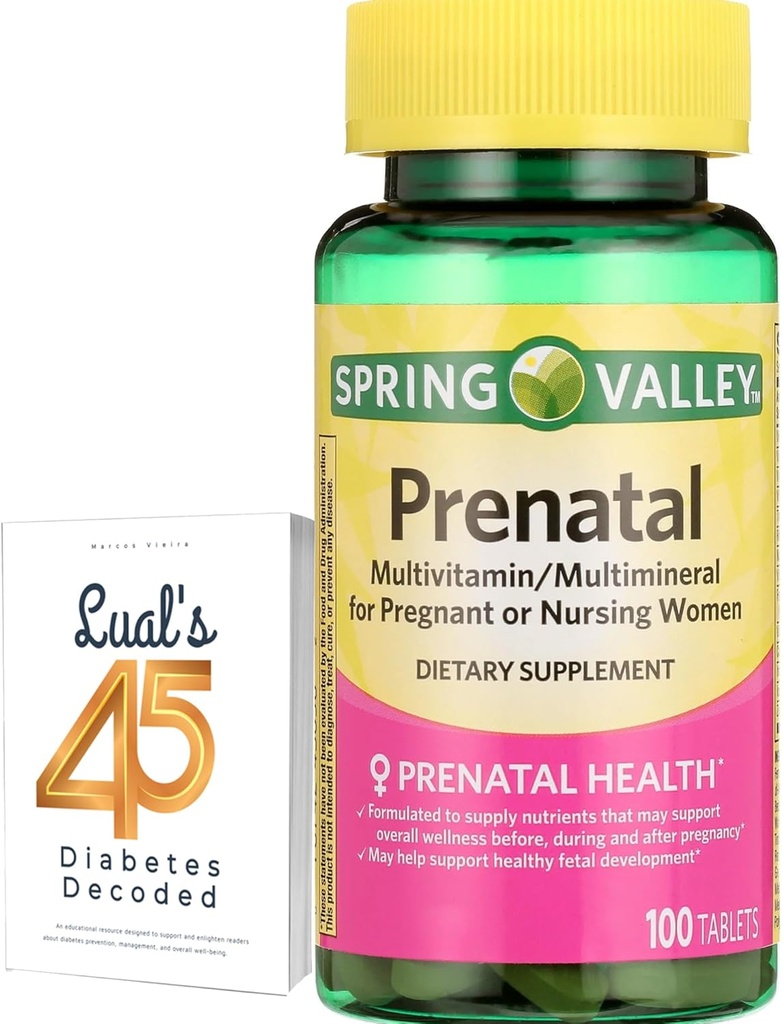 Spring Valley Prenatal Multivitamin 100 tabletter, Prenatal Vitaminer for kvinder, Graviditet skal Haves Folate Supplement, Bundle med Lualls 45 Diabetes Decoded