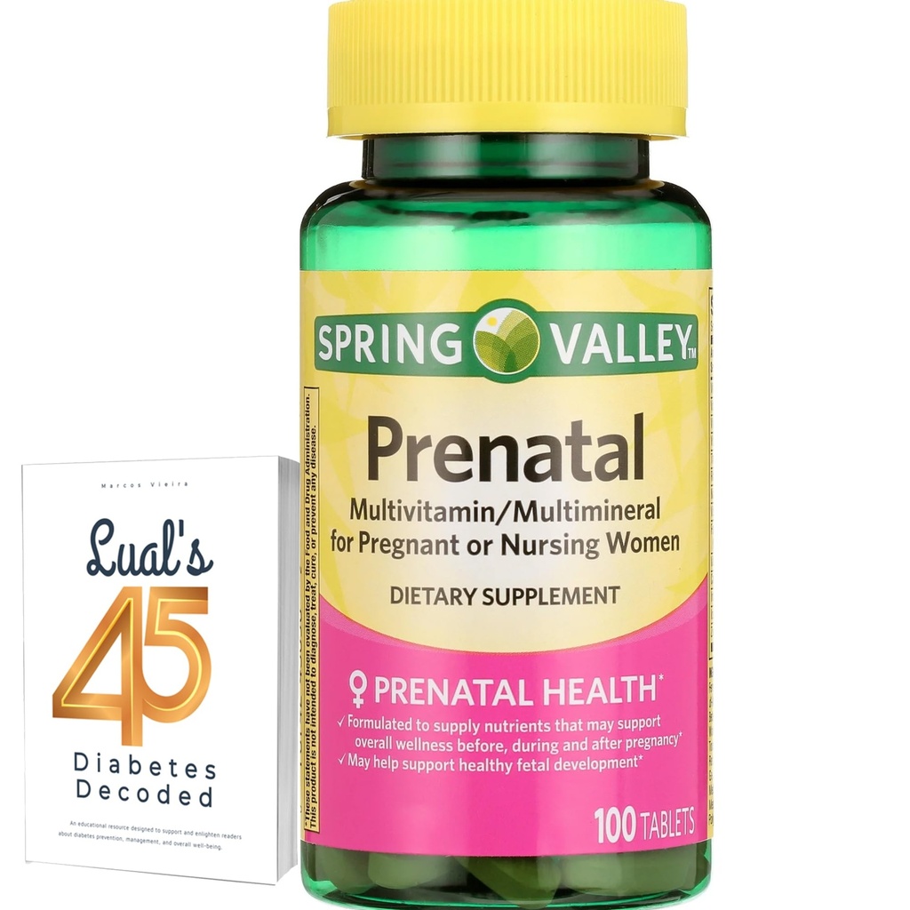Spring Valley Prenatal Multivitamin 100 tabletter, Prenatal Vitaminer for kvinder, Graviditet skal Haves Folate Supplement, Bundle med Lualls 45 Diabetes Decoded
