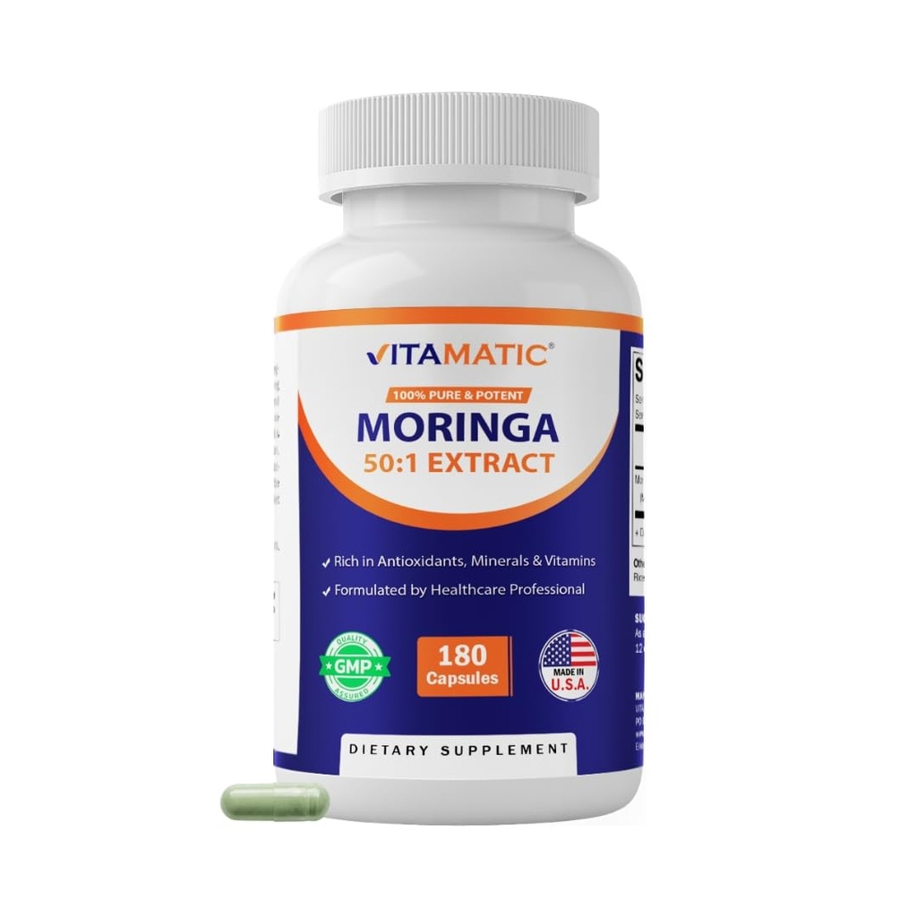 Vitamatic Moringa Capsules 10. 000 mg Ækvivalent per servering (fra 50: 1 Extract 200 mg) - 180 Kapsler - Pure Moringa Oleifera Leaf Powder Supplement - Green Superfood - Non- GMO, Lavet i USA