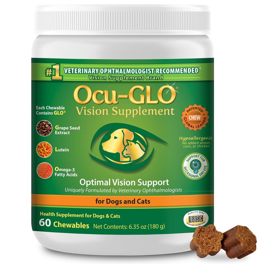 Ocu- GLO Cat & Dog Senior Supplement for Eye Support - Chewable Vision Vitamin Kosttilskud til store og små kæledyr pleje med Lutein, Omega-3 fedtsyrer, Grape Seed Extract & Antioxidants