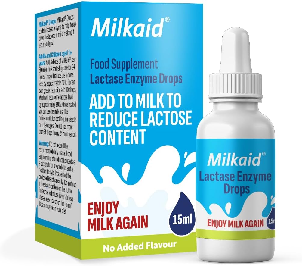 Milkaid Lactase Enzyme Drops for Lactose Intolerance Beeg 124; Forhindrer Gas, Bloating & Diarrhea Beeg 124; Hurtig fungerende Dairy fordøjelsestillæg Beeg 124; Gluten Free & Vegetarian Beeg 124; Ingen Kunstig Artificial Artificial Artificial