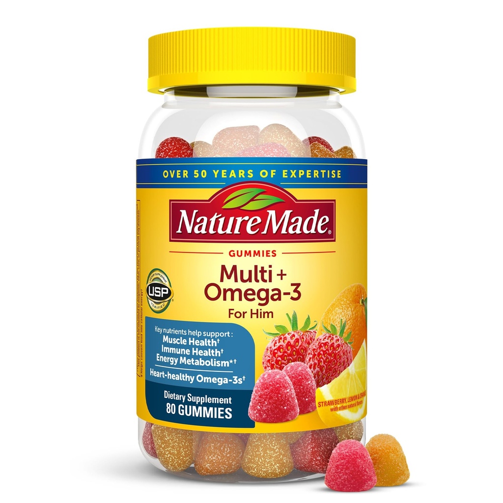 Nature Made Herre Multivitamin Gummies med Omega-3, Herre Gummy Multivitaminer til daglig ernæring Support, 80 Gummy Vitamin og Min, 40 dages forsyning