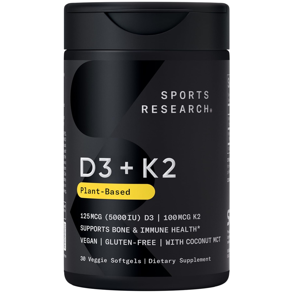 Sport Forskning Vegan Vitamin D3 + K2 Supplement med Organic Coconut Oil - 5000iu Vitamin D med 100mcg Mk7 Vitamin K - Understøtter Calcium til stærkere knogler og immunforsvar - 30 Softgels for voksne
