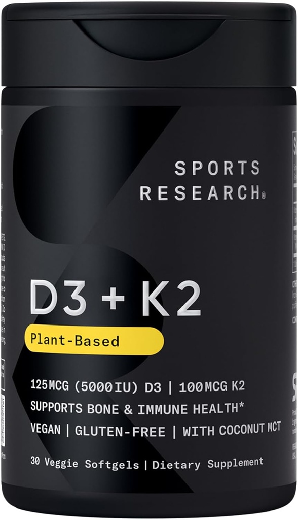 Sport Forskning Vegan Vitamin D3 + K2 Supplement med Organic Coconut Oil - 5000iu Vitamin D med 100mcg Mk7 Vitamin K - Understøtter Calcium til stærkere knogler og immunforsvar - 30 Softgels for voksne