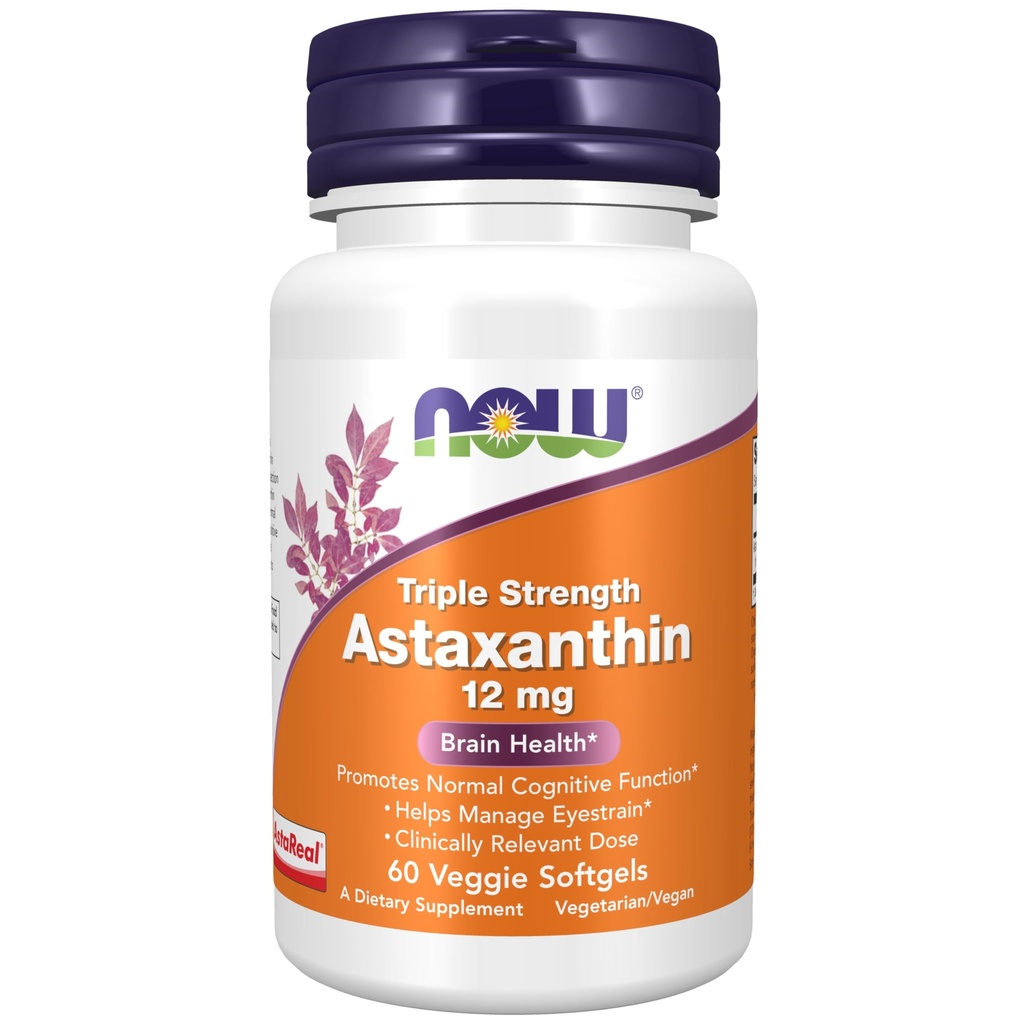 Now Supplements, Triple Strength Astaxanthin 12 mg, Triple Strength, Brain Health*, Helps Manage Eye Strain*, 60 Veggie Softgels