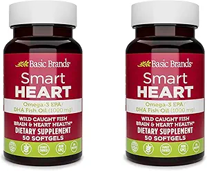 Basic Brands Smart Heart Omega-3 Fish Oil 1000mg - Triple Strength EPA & DHA, Non-GMO, Heart & Cognitive Support - 50 Burpless Softgels - 2-Pack