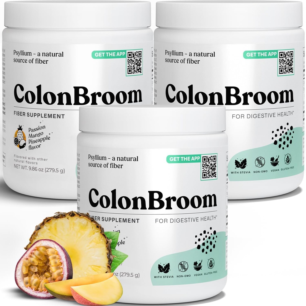 ColonBroom Psyllium Husk Powder med Stevia (tropiske frugter) - Colon Cleanse for Bloating Relief & Gut Health - Colon Broom Fiber Powder Drink - Vegan Fiber Powder Stevia supplement, 150 Servere
