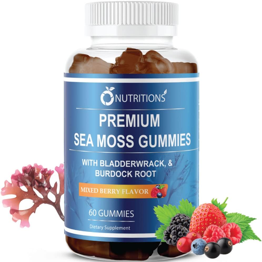 O NUTRITIONS Premium Sea Moss Gummies Made with Irish Sea Moss, Burdock Root, and Bladderwrack -Seamoss Raw Alkaline Supplement