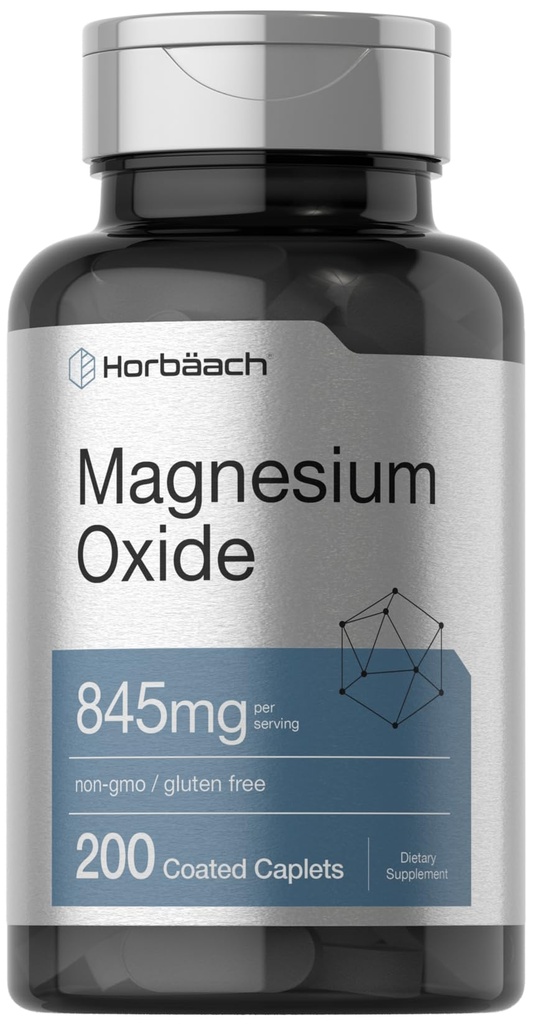 Horbäach Magnesium Oxide | 845 mg | 200 Coated Caplets | Vegetarian, Non-GMO, and Gluten Free Supplement