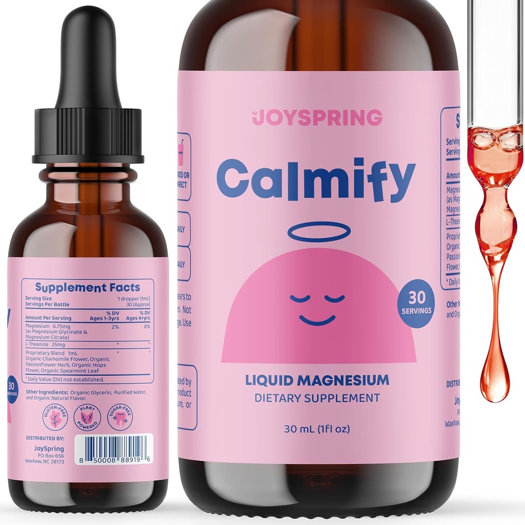 JoySpring Calmify Magnesium Citrate Liquid for Kids - Sugar-Free, Gluten-Free Calming Supplement with Chamomile - Natural Support for Kids & Teens (1 fl oz) 30 Servings