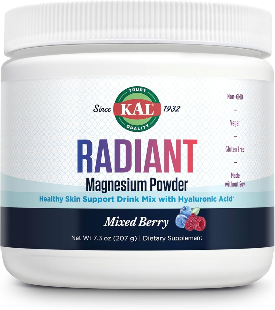 KAL Radiant Magnesium Powder, Mixed Berry Flavor, Hyaluronic Acid and Magnesium Supplement, Skin & Antioxidant Support, Sugar Free, 60 Servings, 7.3 OZ