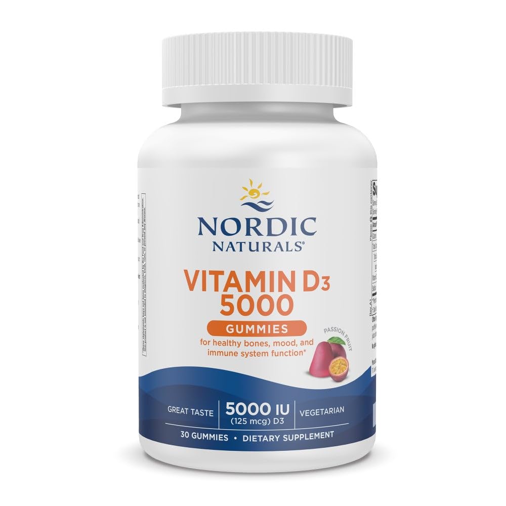 Nordic Naturals D3 5000 Gummies Vitamin, Passionsfrugt - 30 Gummies - Støtte til sunde knogler, Mood, & immunsystem - Vegetarisk - Ikke-GMO - 30 Servering