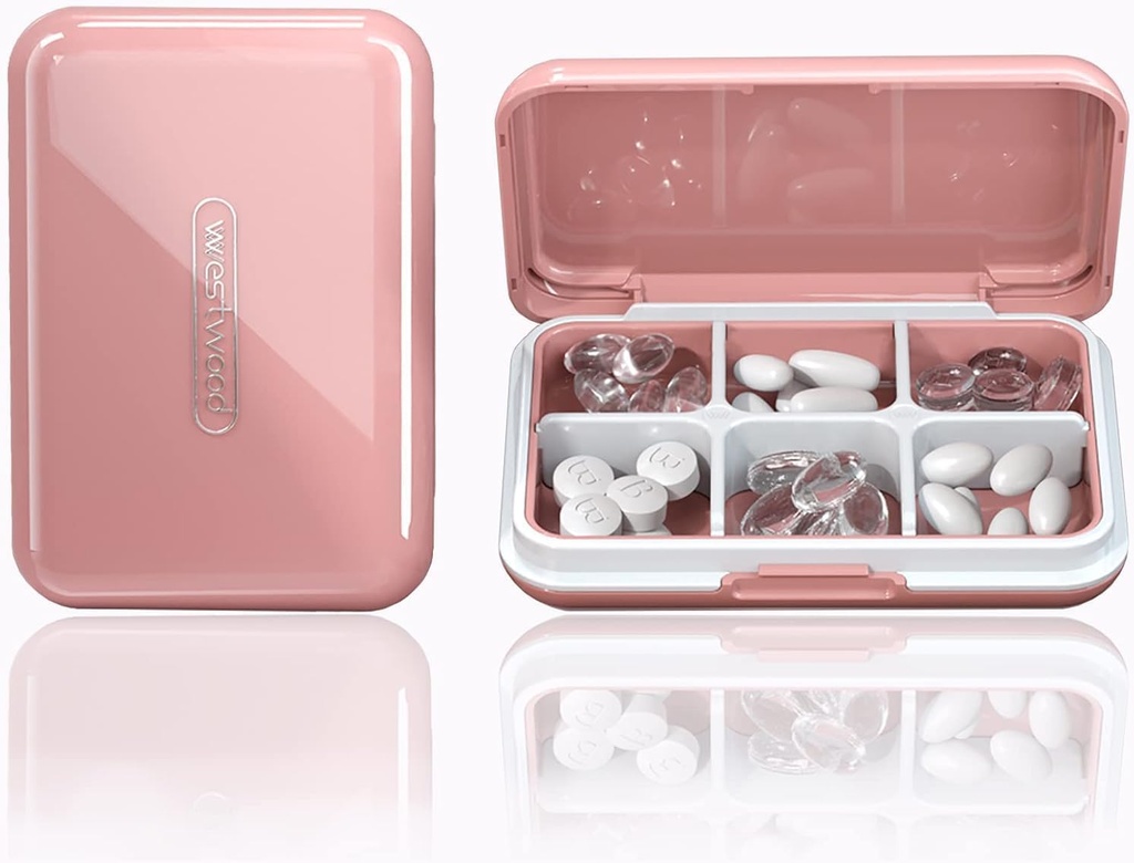 Travel Pill Organizer Moisture Waterproof Small Pill Box for Pocket Purse 6 Compartments Portable Pill Case Medicine Vitamin Holder Container, Pink