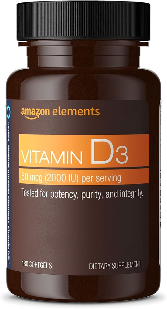 Elementer Vitamin D3, 2000 IE, 180 Softgels, 6 måneders forsyning (Emballage kan variere), Understøtter stærke knogler og immunforsvar