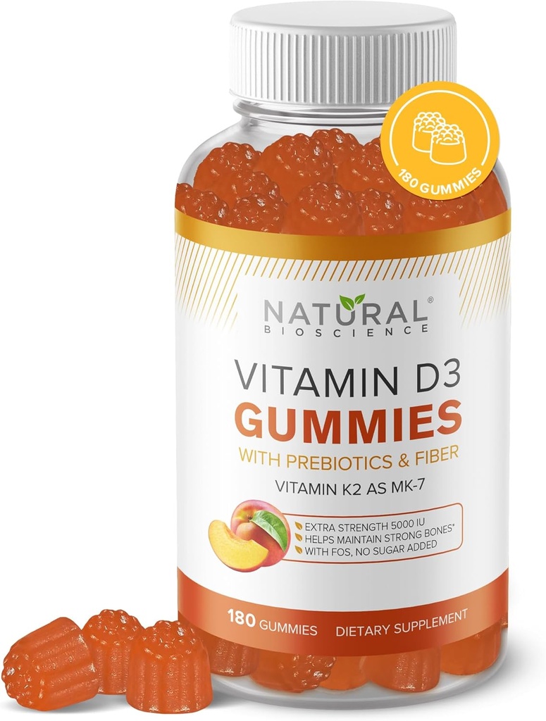 Sugar Free Vitamin D3 K2 Gummies - Vitamin D3 Gummies 5000 IE + K2 MK7 80 mcg, K2 D3 Vitamin Supplement Voksne, Vitamin D K2 for knogler, immunforsvar, hjerte, mood, Gluten- Free, Non-GMO, Natural Peach Flavor