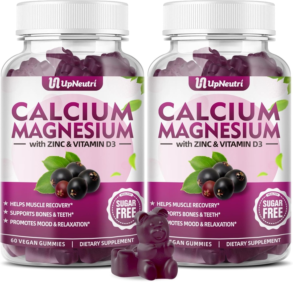 Calcium Magnesium Zink med D3- vitamintilskud, sukkerfri Calciumgummier til kvinder Mænd, Høj Absorption Zinkgummier til ben & muskel & immunforsvar, Vegansk Elderberry Flavor - 120 Tæl