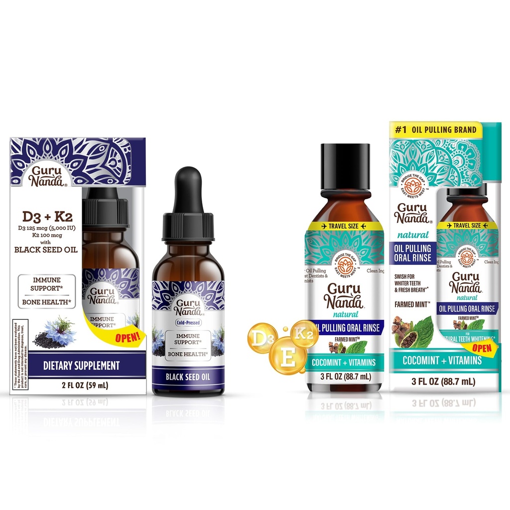 GuruNanda Black Seed Oil 5000 IE D3, K2 & E + kokosolie pulling med essentielle olier D3, E, K2 til immunforsvar, Oral Hygiene