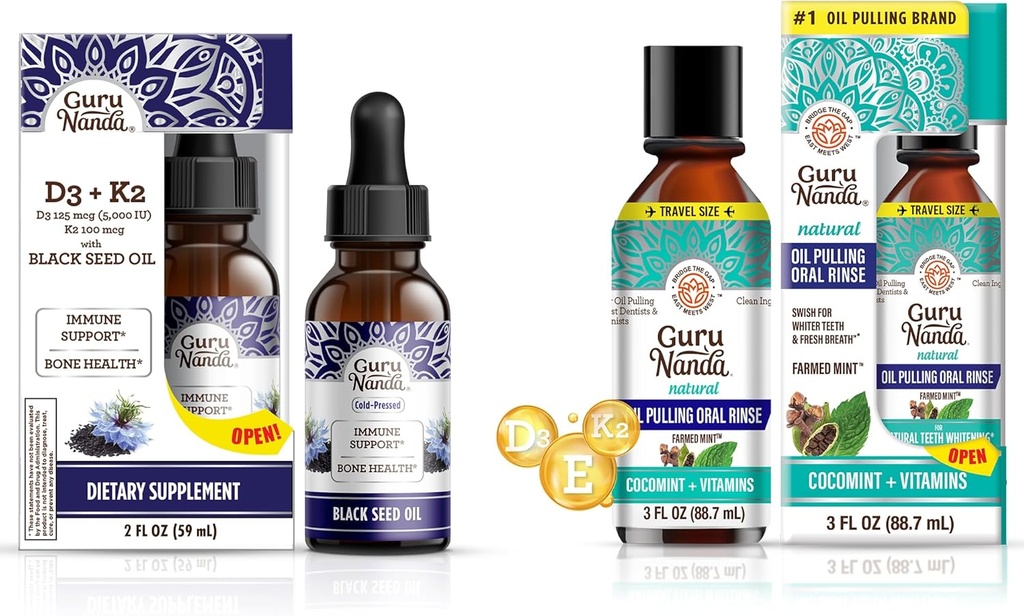 GuruNanda Black Seed Oil 5000 IE D3, K2 & E + kokosolie pulling med essentielle olier D3, E, K2 til immunforsvar, Oral Hygiene