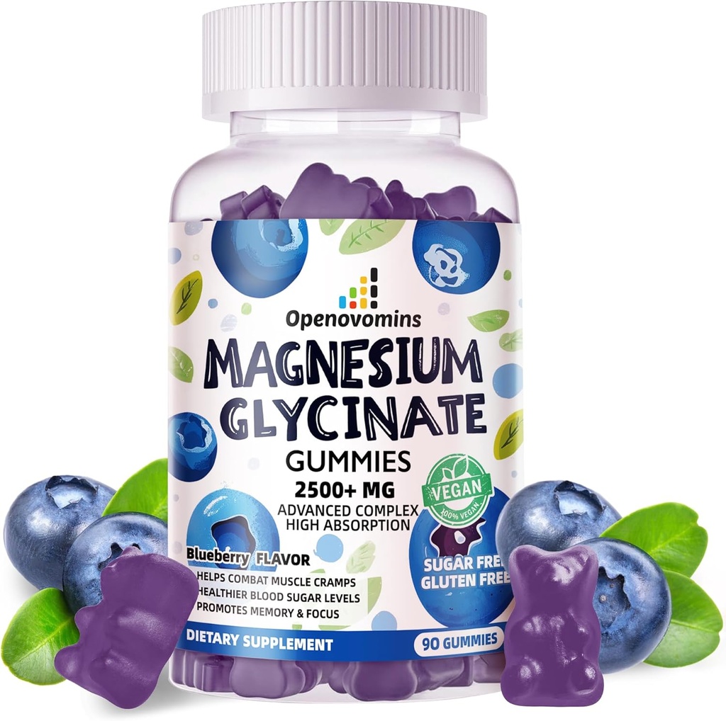 Magnesium Glycinate Gummies 2500mg - Sugar Free Magnesium Kalium Supplement med D-vitamin, B6, CoQ10 for Calm Mood & Sleep Support - 90 Blueberry Gummies