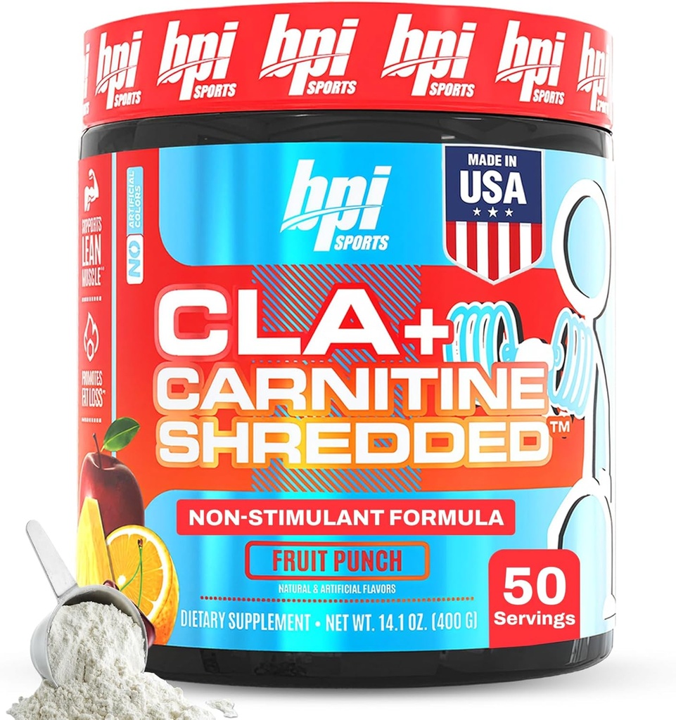 BPI Sports CLA + Carnitin Shredded - Konverter Fedtceller i energi og understøtter Lean Muscle, Boost Metabolisme - Non- Stimulant L- Carnitin tillæg - Frugt Punch (14.1 oz. / 50 Servering)