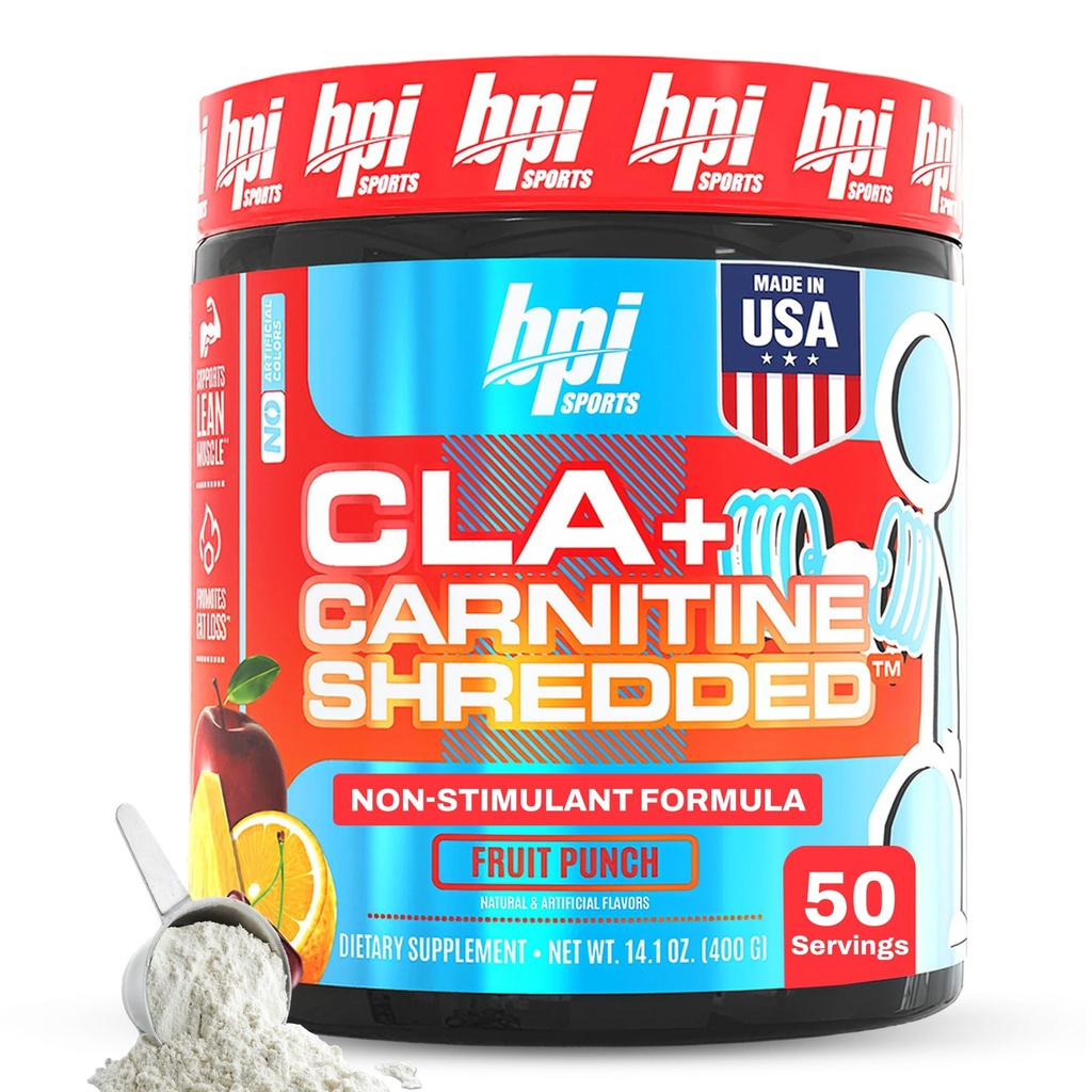 BPI Sports CLA + Carnitin Shredded - Konverter Fedtceller i energi og understøtter Lean Muscle, Boost Metabolisme - Non- Stimulant L- Carnitin tillæg - Frugt Punch (14.1 oz. / 50 Servering)