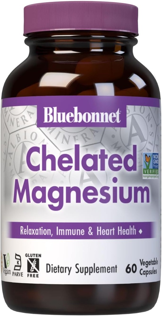 Bluebonnet Nutrition Albion Chelated Magnesium Vegetabilsk Kapsel, 200 mg, Stress Relief, Vegan, Non GMO, Gluten Free, Soy Free, Milk Free, Kosher, 60 Vegetabilsk Kapsel, 1 Måned Supply