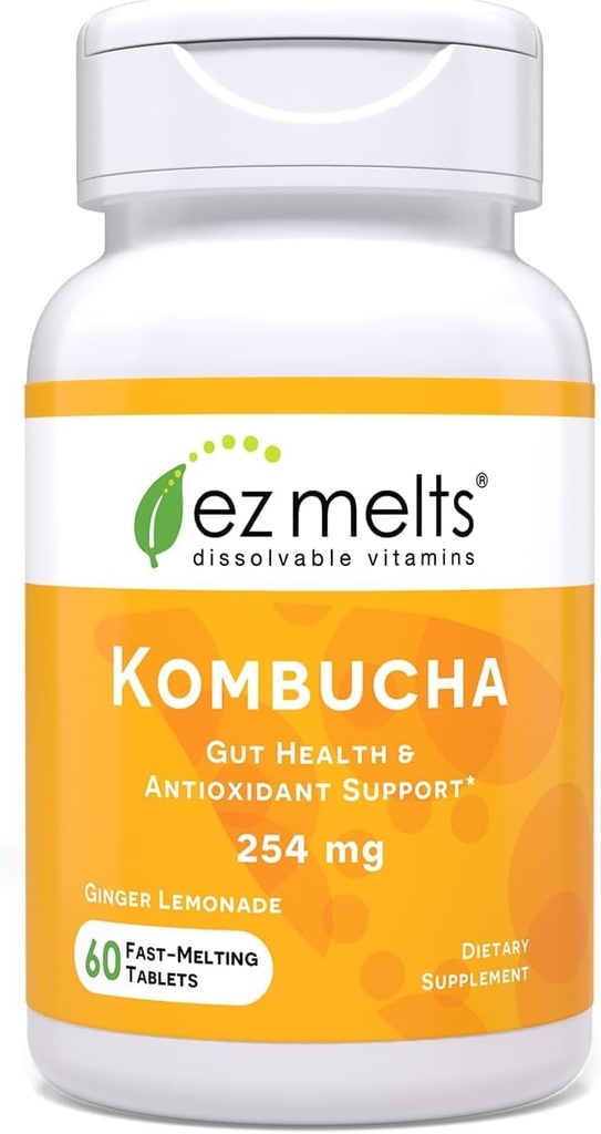 EZ Melts Dissolvable Sugar-Free Kombucha Tablets with SCOBY & Apple Cider Vinegar, Gut Health Supplements for Men & Women, Ginger Lemonade Flavor, 2-Month Supply - 1 Pack