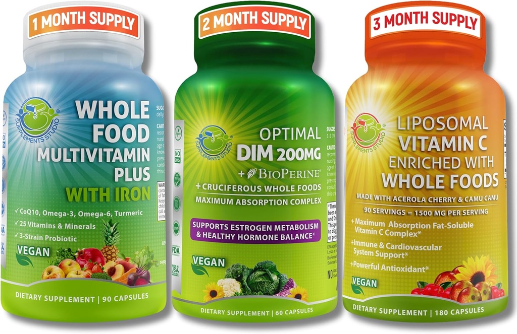 SUPPLEMENTER STUDIO Hormone Balance Support & immunforsvar Bundle for mænd og kvinder - Optimal DIM 200mg + hel mad Multivitamin med jern + Liposomal Vitamin C 1500mg - Vegan, Non- GMO