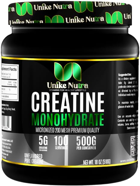 Pure Creatin monohydrat pulver supplement, Unflavored, Understøtter Bulk Muscle Energy, Inddrivelse, & Styrke - Creatin supplement til mænd og kvinder - 500G, 5000mg Per Serv (5g) - 100 Servering